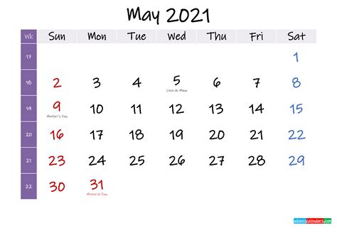 May 2021 Weekly Calendar Printable